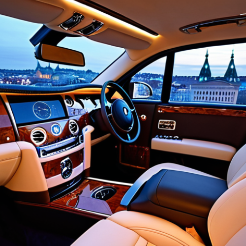 Home 15 Rolls-Royce Phantom Interior**
`Prompt: Rolls-Royce Phantom interior, handcrafted leather seats, burled wood dashboard, starlight headliner, luxurious lounge, elegant design, Sweden, Stockholm cityscape view through window, dusk lighting, hyperrealistic, cinematic lighting, 8k`
**