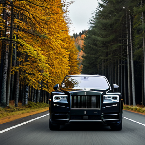 Home 7 Exterior Dynamic Shot**
A Rolls-Royce Cullinan Black Badge driving gracefully on a scenic, winding road in the autumnal Swedish countryside. The car features a deep, reflective black paint finish, dark chrome Spirit of Ecstasy figurine, a dark grille, and exclusive 22-inch Black Badge wheels with subtle carbon fiber accents. The surrounding landscape consists of muted green and golden trees, with soft, natural lighting emphasizing the car's majestic and understated presence. The scene conveys power and sophistication without being ostentatious. Professional automotive photography, high-resolution, ultra-realistic, cinematic lighting, sharp focus, safe for work, appropriate content, fully clothed, professional, family-friendly, perfect anatomy, correct proportions, natural pose.
**